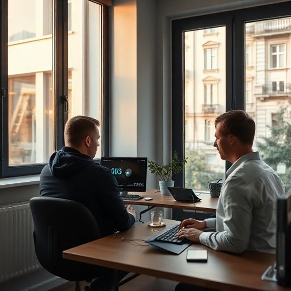 Whitaker Ltd team working in a modern minimalist office in Brașov